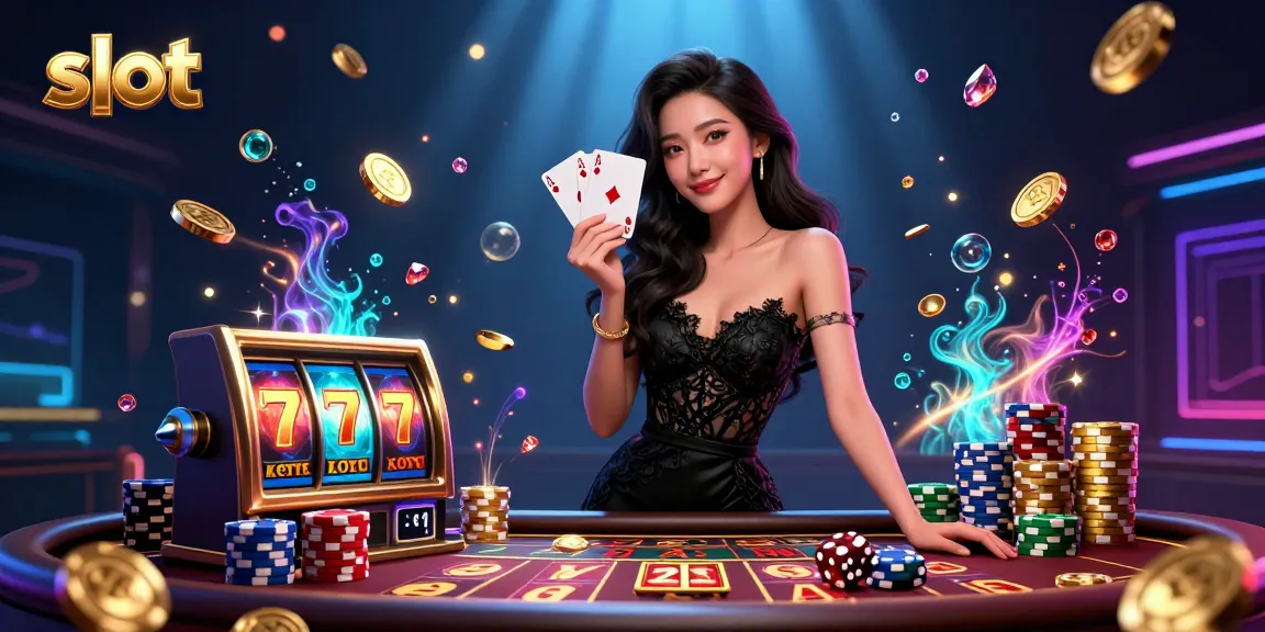 Play exciting slot games with a stylish Asian woman holding ace cards in a vibrant casino.