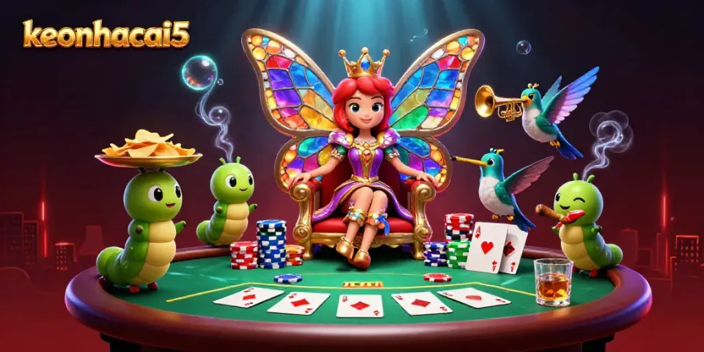 Engage with keonhacai5's vibrant casino world featuring a butterfly queen and dynamic poker elements.