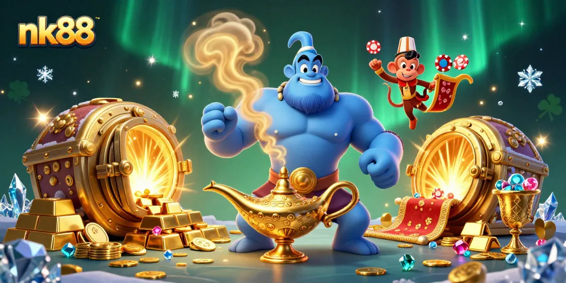 Experience the thrill of gaming at nk88, where a muscular genie unleashes fortune amidst dazzling treasure.