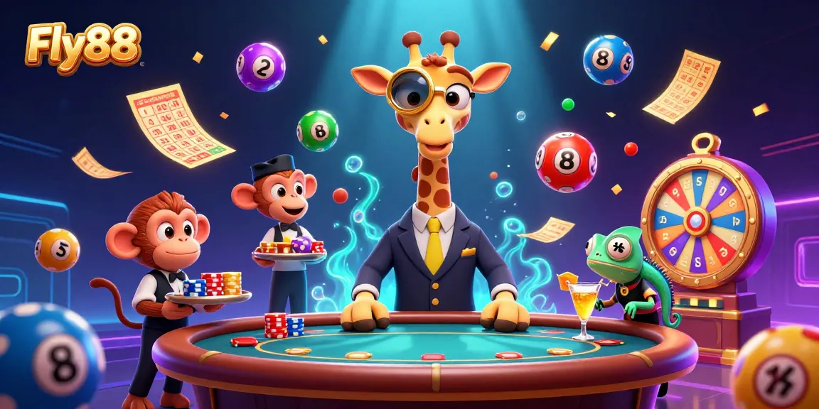 Fly88 engaging players with a dynamic casino scene featuring vibrant lottery action and playful characters.
