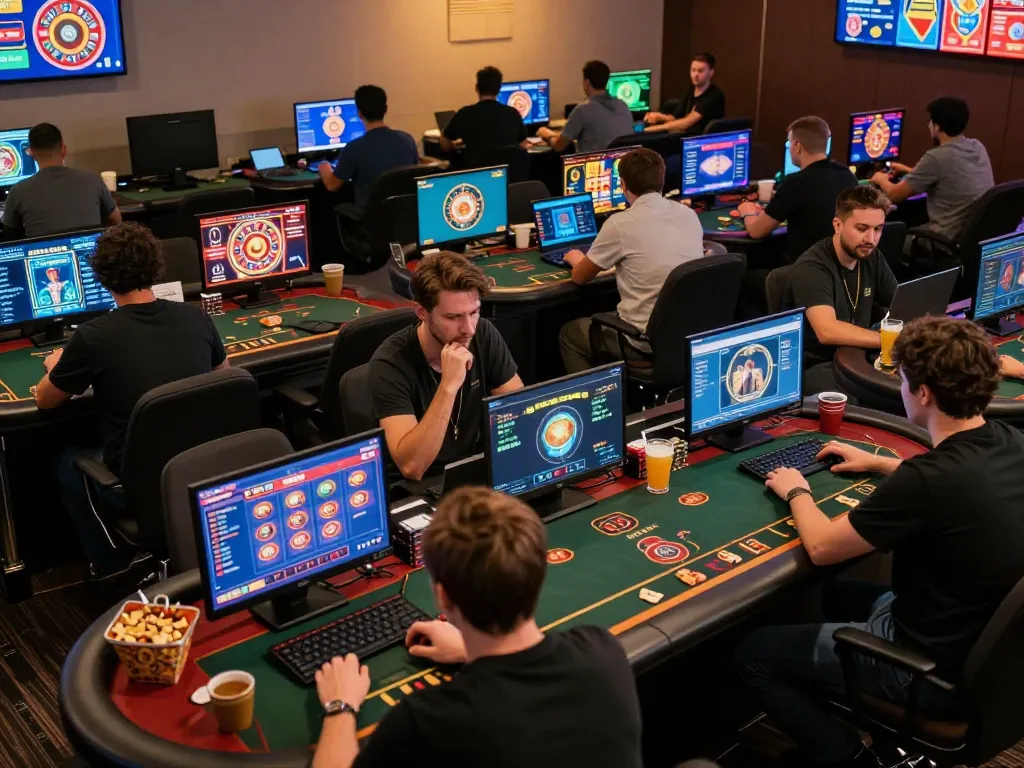 Players strategizing in an online casino game showing various debet options on screens.