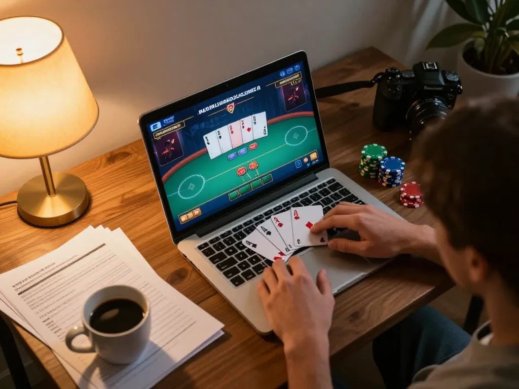 Person enjoying BET168 online poker game on a laptop, showcasing strategic gameplay.