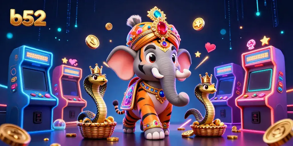 B52 interactive gaming scene with a maharaja tiger, jewel-encrusted elephant, and cobra, capturing the thrill of online casinos.