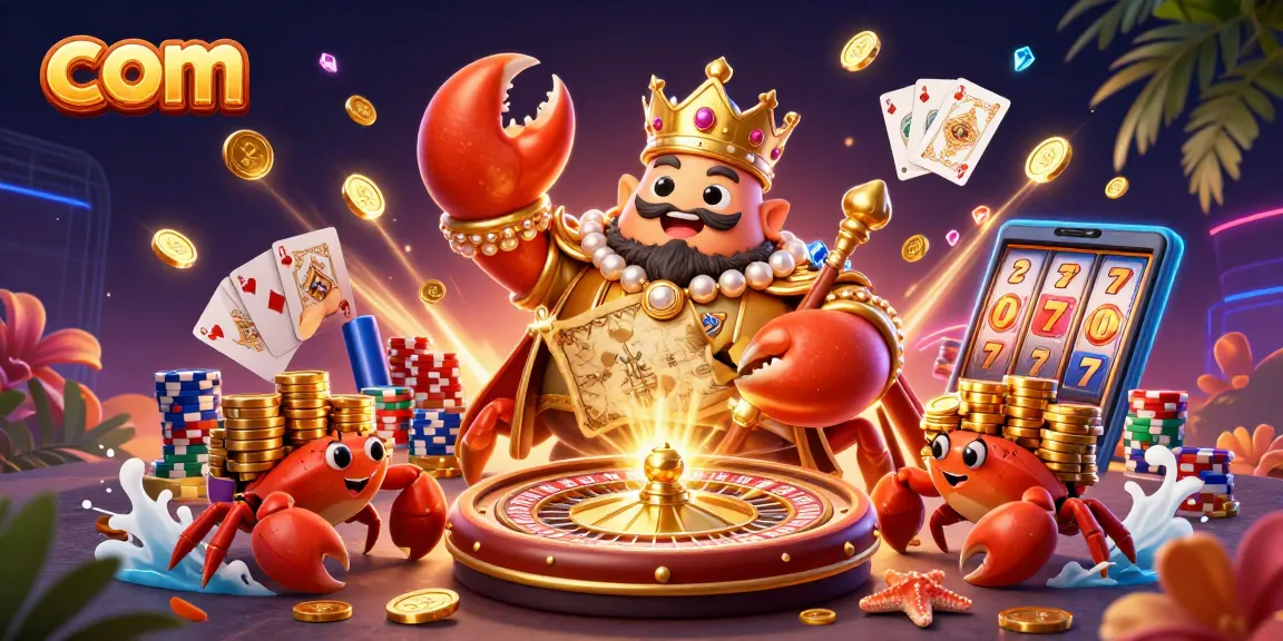 Experience com with the golden crab emperor amidst sparkling gem stones and golden coins in an exciting casino setting.