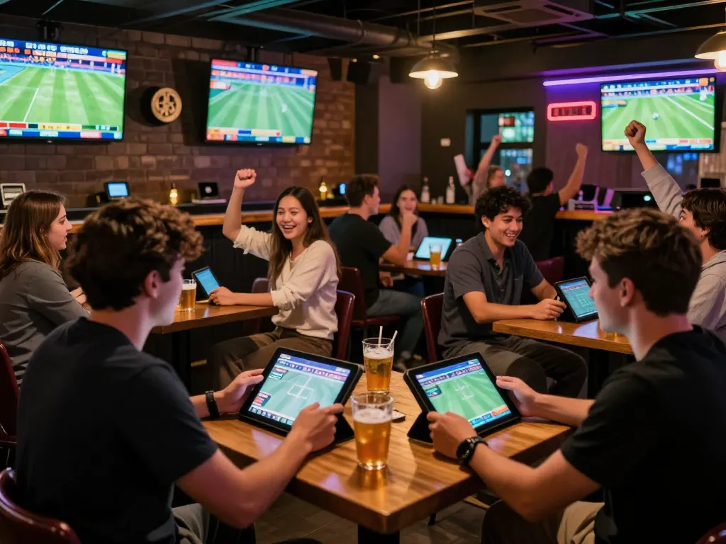 Engaged bettors analyzing odds at 79win sports betting bar with vibrant atmosphere