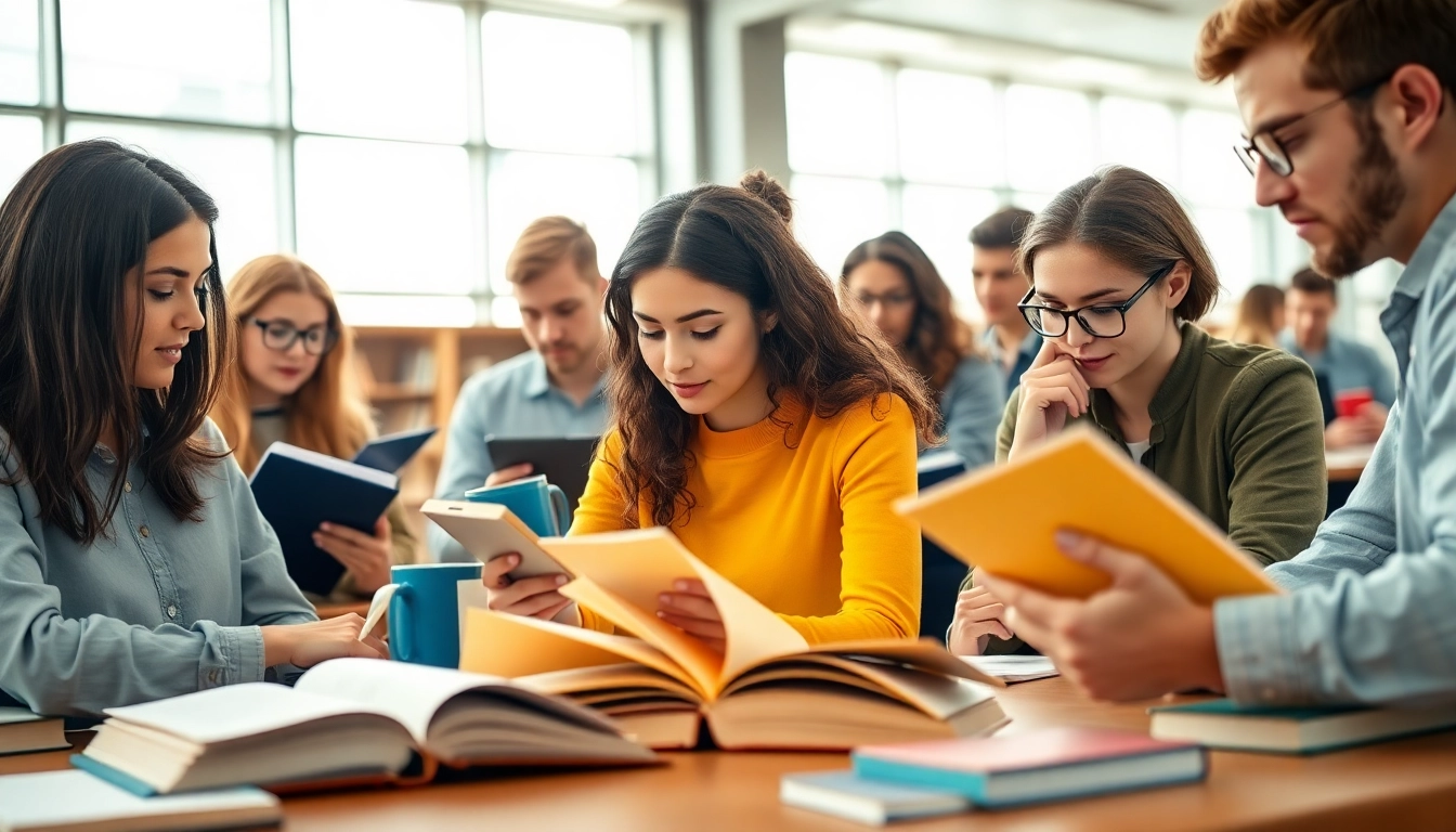 Students utilizing exam support resources in a bright library setting.