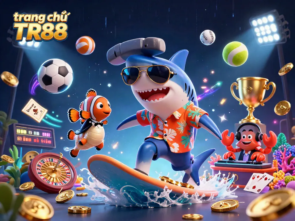 Engage in thrilling gaming excitement with trang chủ TR88 as a shark surfs on coins amidst vibrant casino elements.
