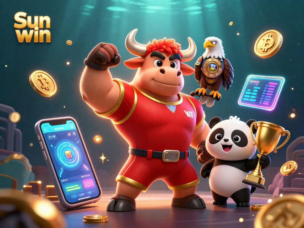 Spin to victory with Sun win's thrilling gaming experience, featuring a cartoon bull, eagle, and panda elements.
