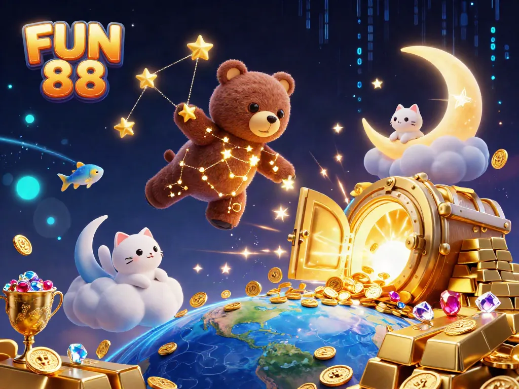 Experience FUN 88 with a vibrant casino-themed illustration featuring rich treasures and playful characters.
