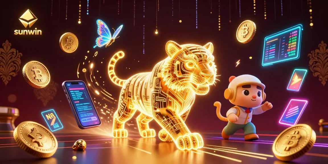 Experience the excitement of sunwin with a vibrant animated casino scene featuring high-energy characters and cryptocurrency elements.