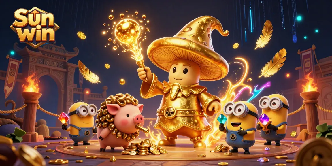 Experience the magic of Sun win with a whimsical wizard and treasure-hunting elements in a vibrant casino scene.