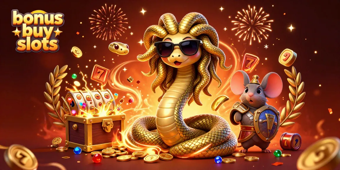 Experience exciting bonus buy slots with Medusa and a warrior mouse in an enchanting scene full of treasures.