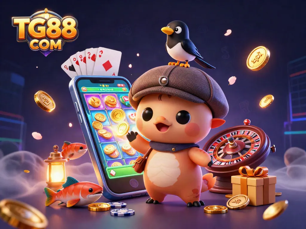 Engage with the colorful casino adventure of TG88 COM featuring playful characters in a vibrant 3D setting.
