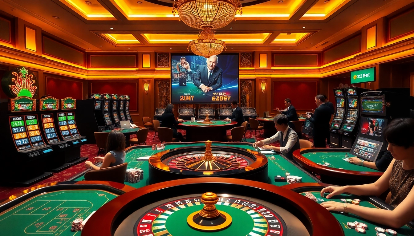 Engage in exciting online gaming with nhà cái e2bet, featuring vibrant casino tables and thrilling slot machines.