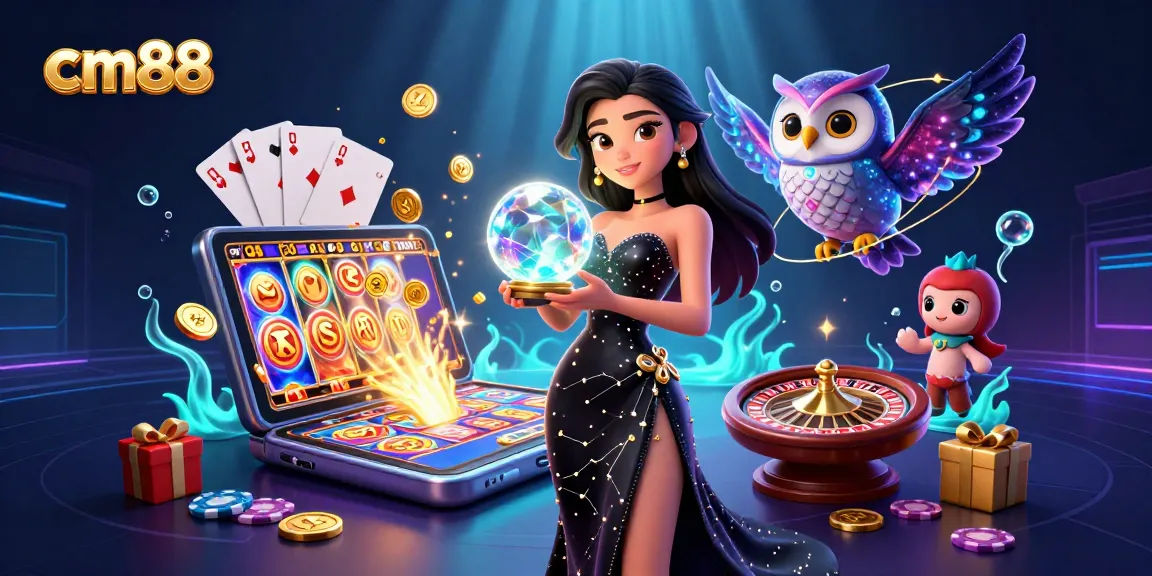 Experience thrilling games at cm88 with a mystical woman and a cartoon owl amidst casino action.
