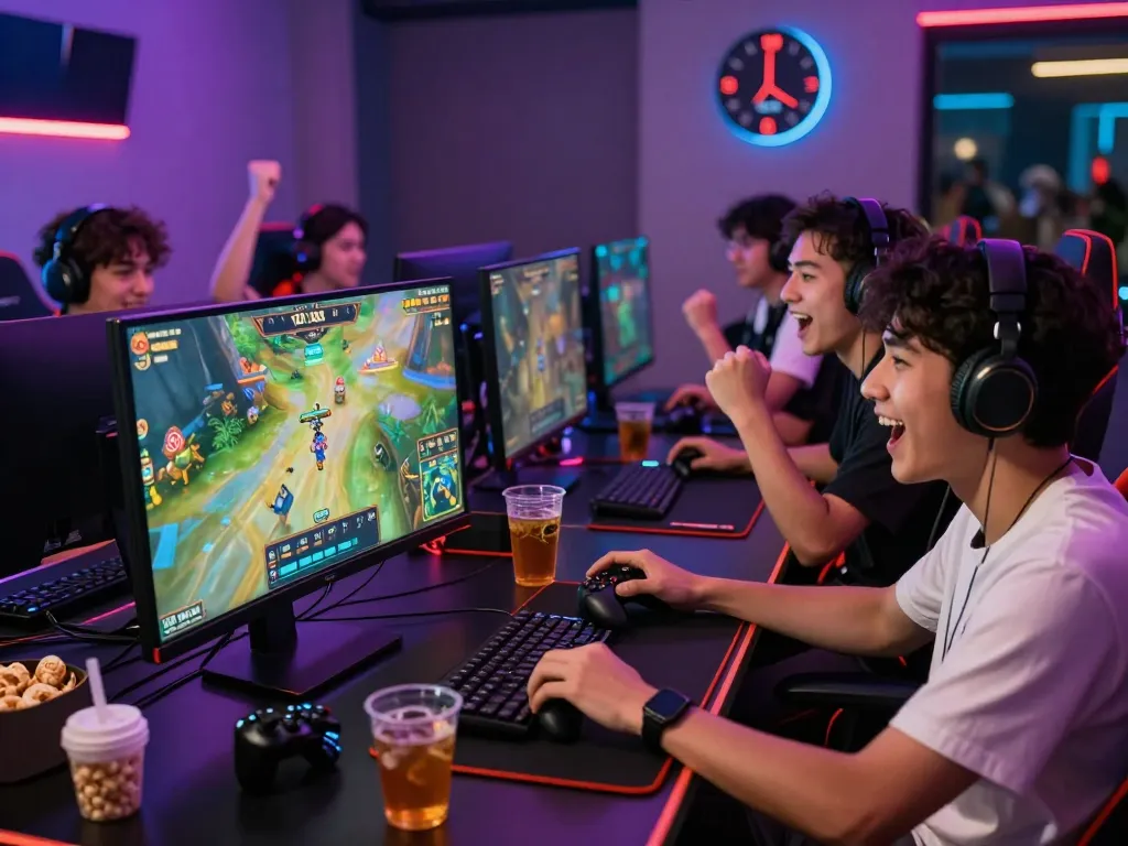 Diverse group enjoying a game of tài xỉu online with colorful gaming setup and festive atmosphere.