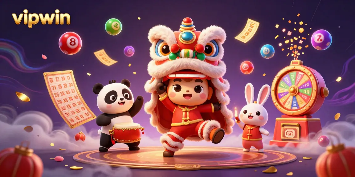 Experience the excitement of vipwin with a vibrant 3D illustration of festive characters and dynamic casino elements.
