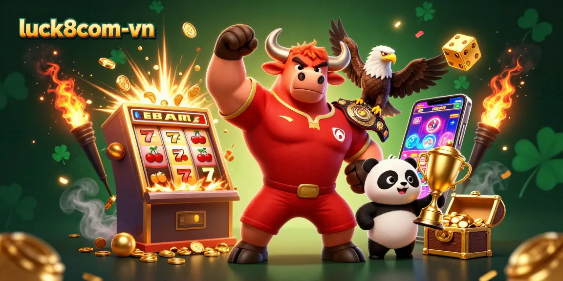 Experience the thrill at luck8com-vn with a vibrant scene featuring a bull, eagle, and panda amidst jackpot treasures.