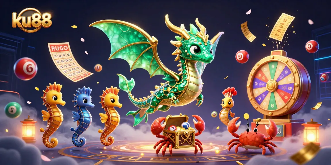 ku88 offers vibrant lottery gaming moments with a cartoon sea dragon amidst colorful elements