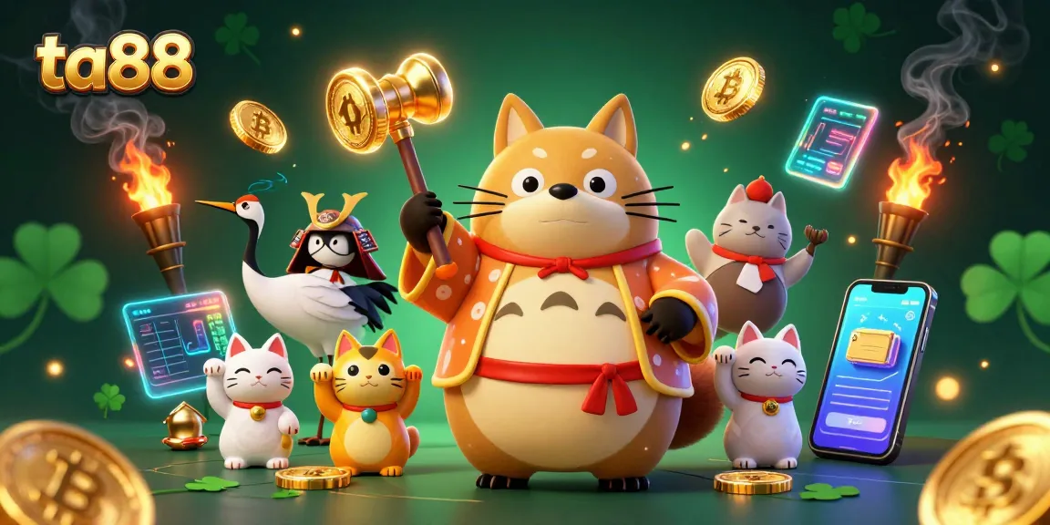 Take winning bets at the ta88 casino, relaxed by cheerful tanuki and fortune cats in a vibrant 3D setting.
