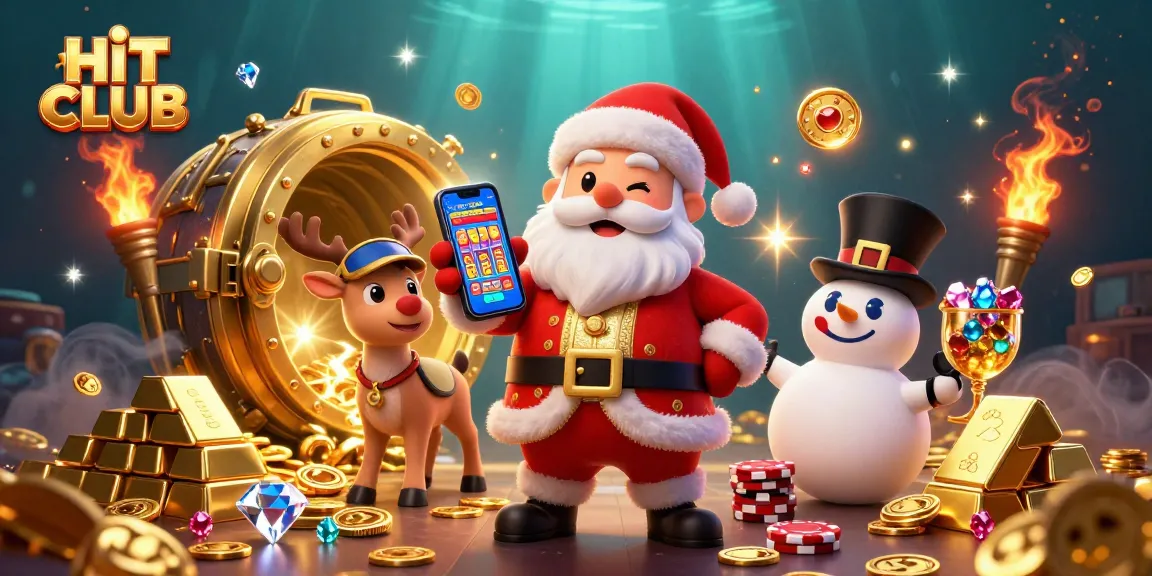 Experience the thrill of HIT CLUB with Santa, the reindeer dealer, and a chip-covered snowman in a vibrant casino scene.