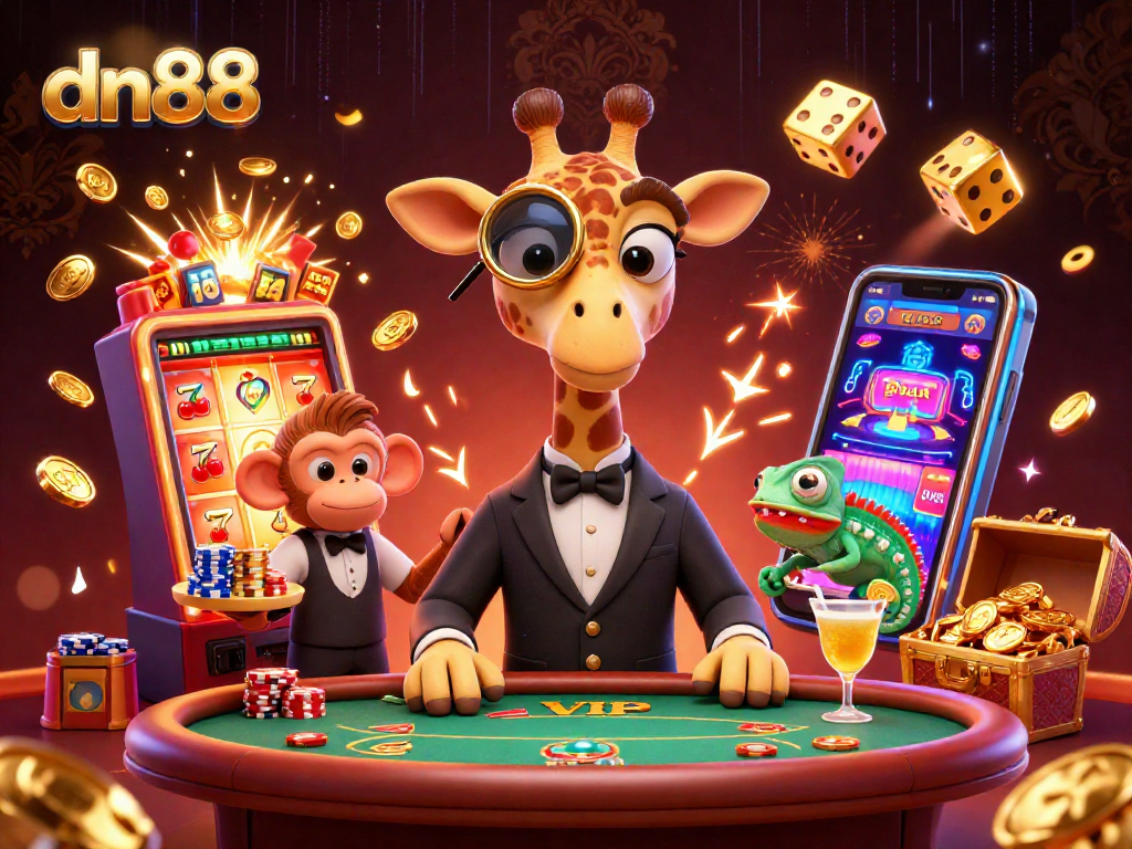 Experience the excitement of dn88 with a vibrant illustration of a high-roller giraffe at a VIP poker table.