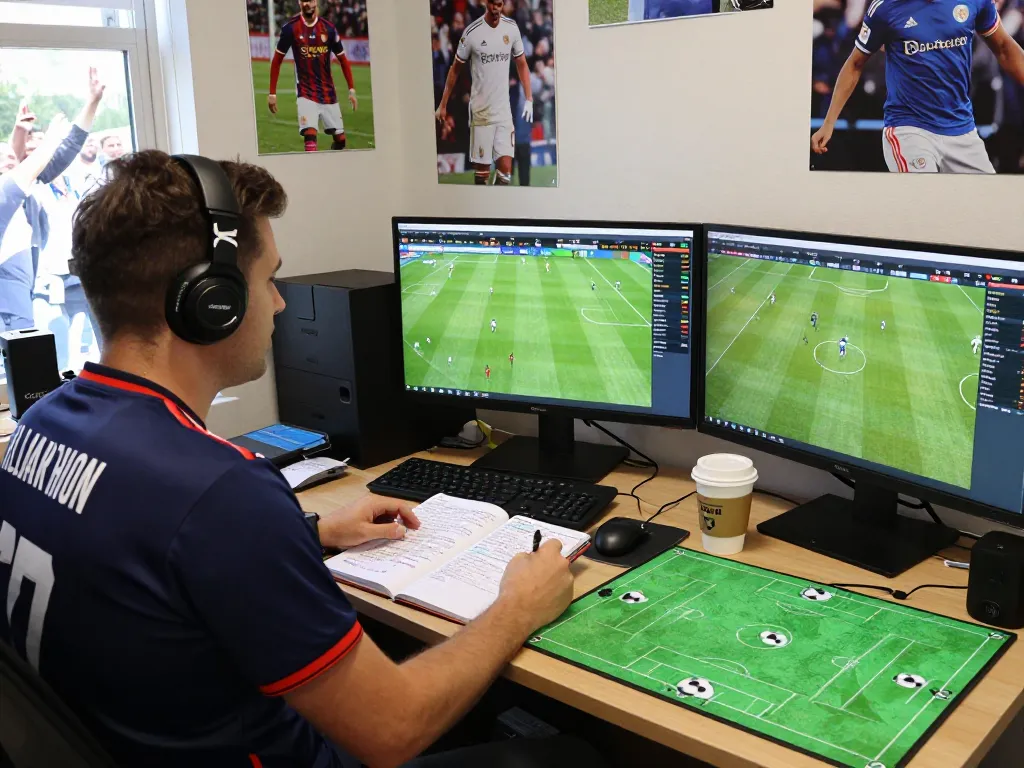 Expert analyzing data for soccer picks in a vibrant workspace