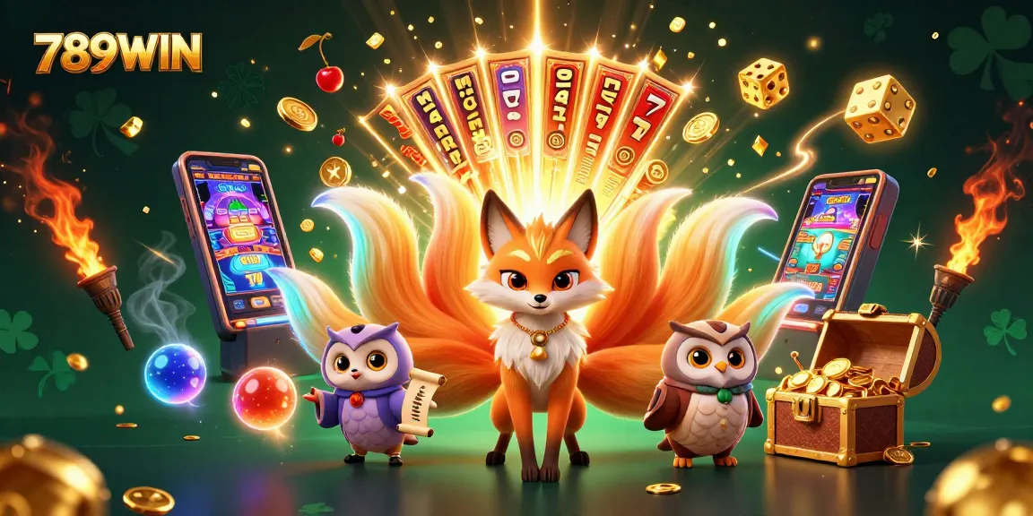 Experience spectacular wins at 789WIN with a luminous nine-tailed fox spirit surrounded by colorful casino elements.