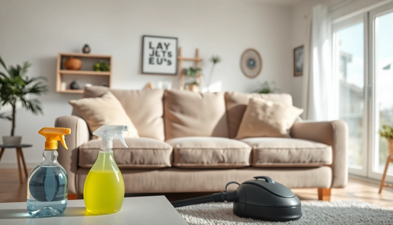 Sofa cleaning in Glasgow showcased with cleaning tools in a bright living room.
