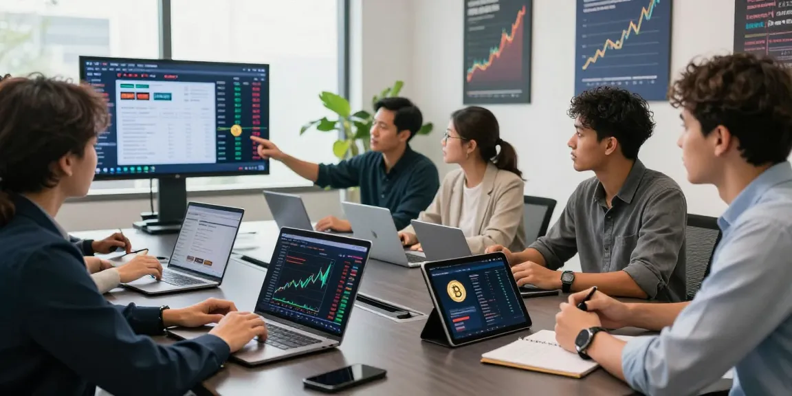 Invest in BRICS coins with diverse investors discussing cryptocurrency strategies in a modern office.