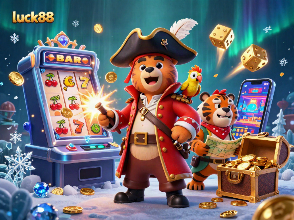 luck88 showcases a pirate bear, tiger, and parrot in a vibrant casino scene bursting with slot machine action.
