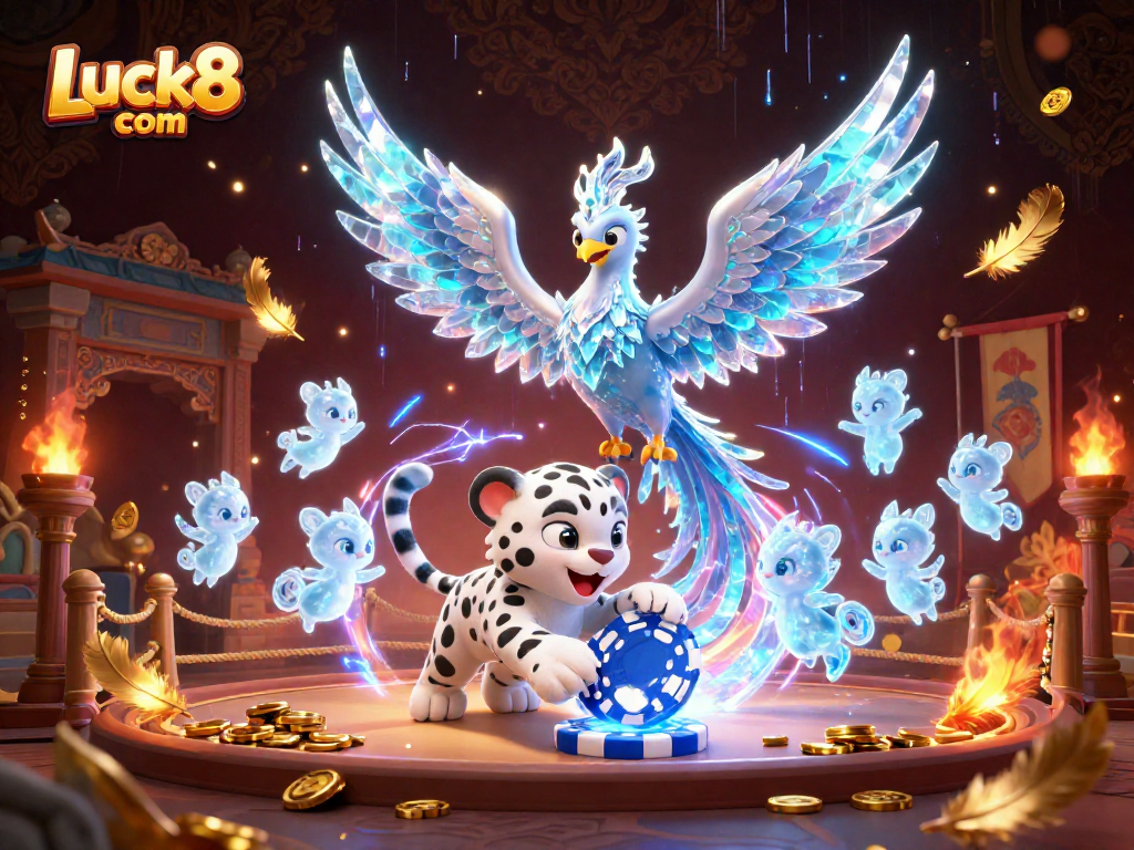 Experience the thrill of Luck8 com with an ice phoenix and playful snow leopard in a vibrant casino scene.