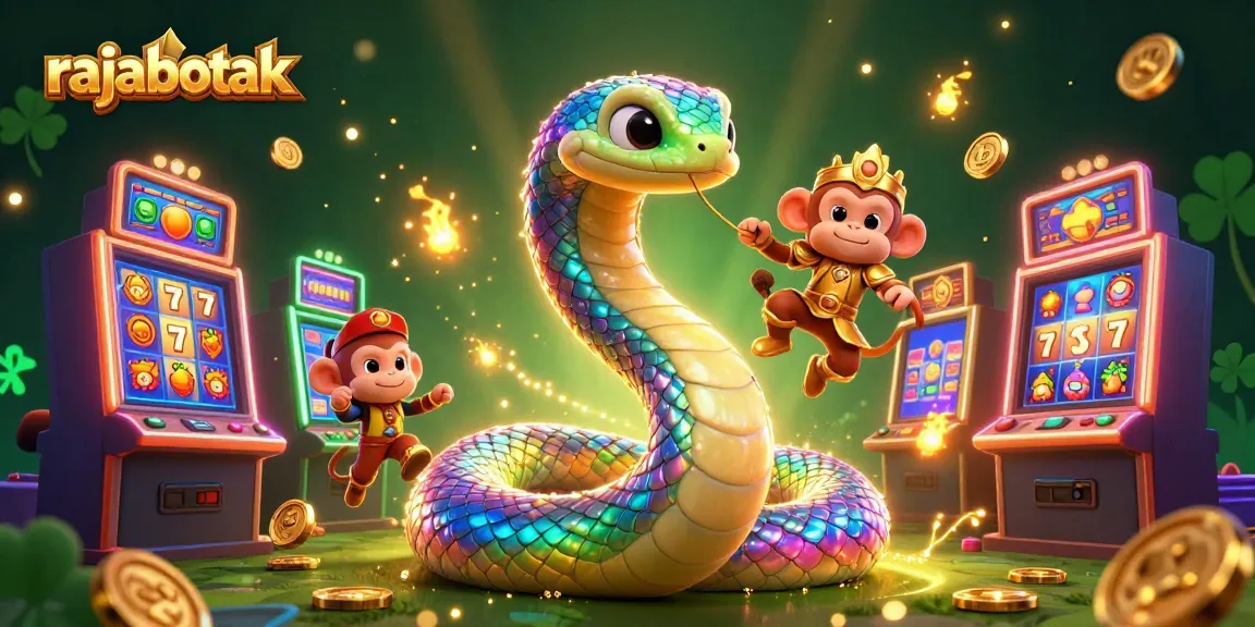 Experience gaming excitement with rajabotak amidst colorful slot machines and a magical scene.