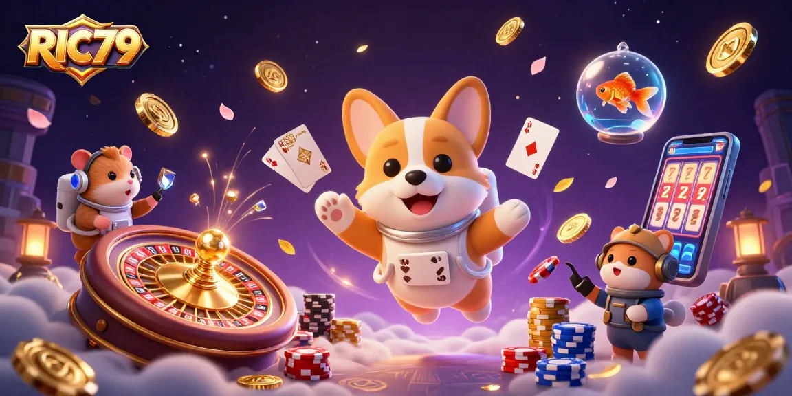 Win with RIC79: A whimsical 3D scene of a casino-themed space adventure.