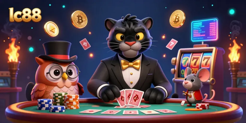 Experience the thrilling atmosphere of lc88 with a 3D cartoon panther, owl, and mouse dealing cards at a vibrant casino.