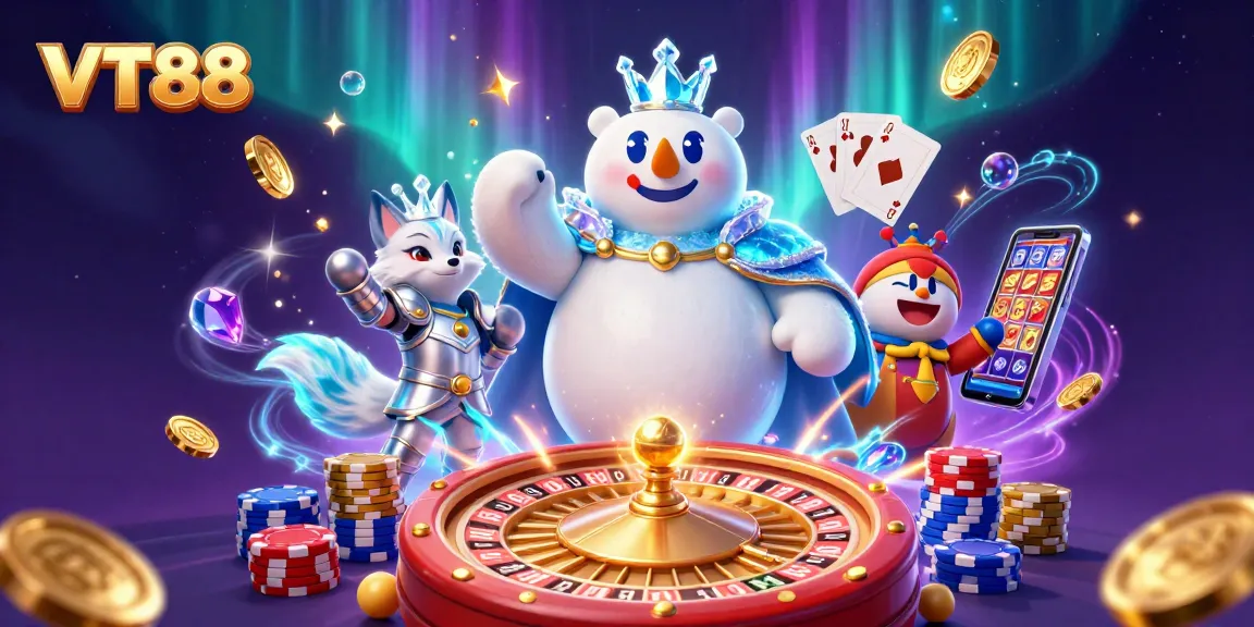 Experience thrilling casino excitement with VT88 alongside a regal polar bear and an armored snow fox.