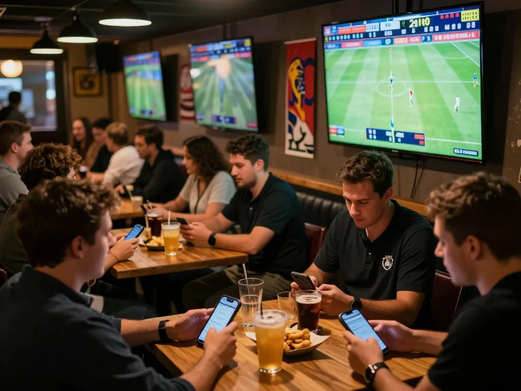 Sports fans placing bets via smartphone at an energetic event, showcasing open88ss live betting excitement.