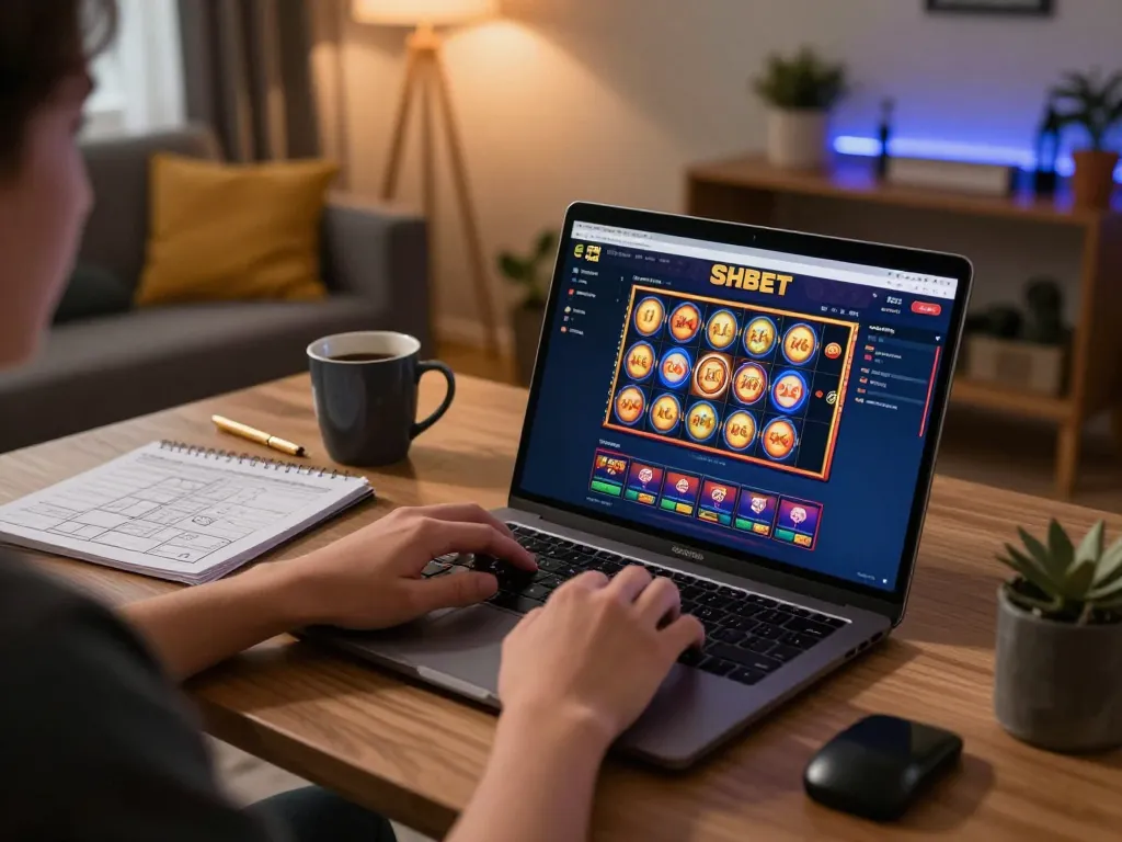 Player engaging with the SHBET online casino interface in a cozy home setting