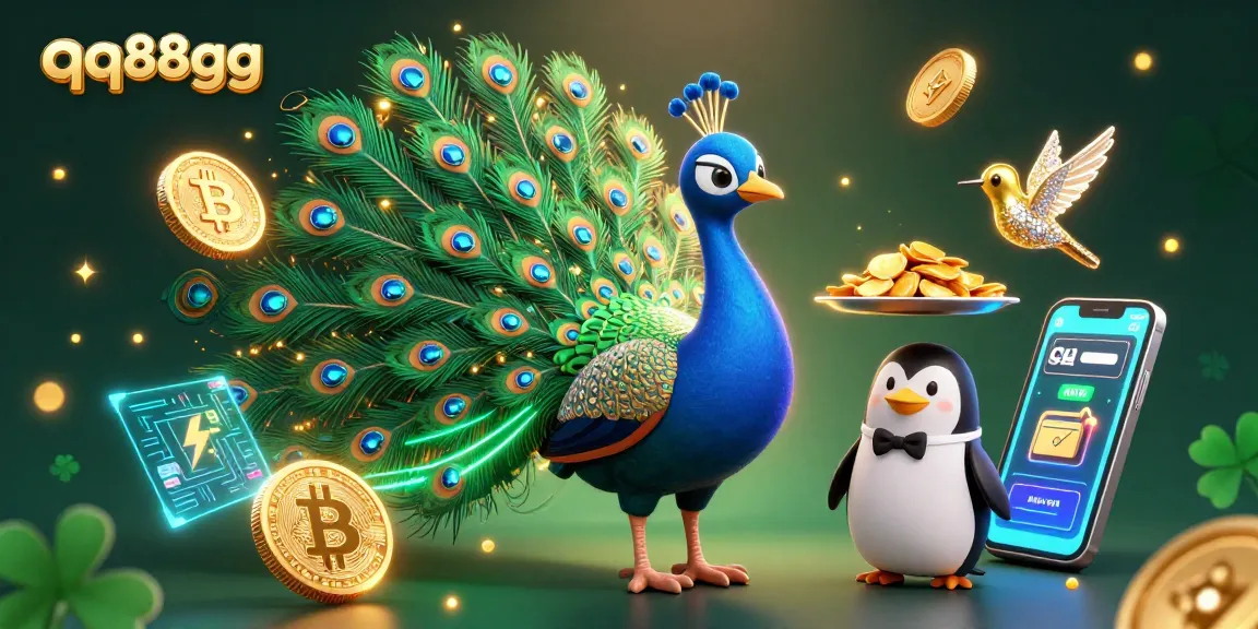 Engage with the vibrant qq88gg gaming scene, showcasing a peacock, penguin, and hummingbird amid crypto elements.