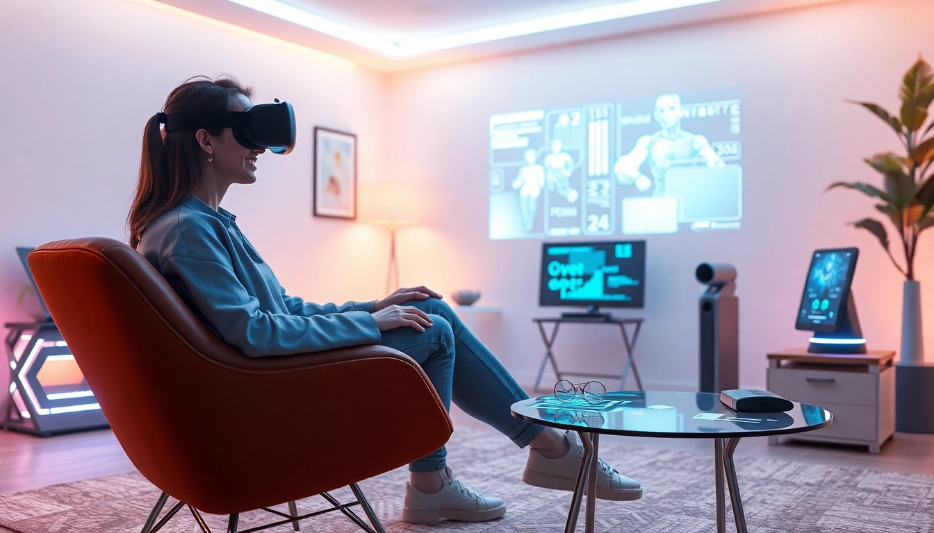 AI girlfriend engaging in conversation in a modern virtual reality setting.
