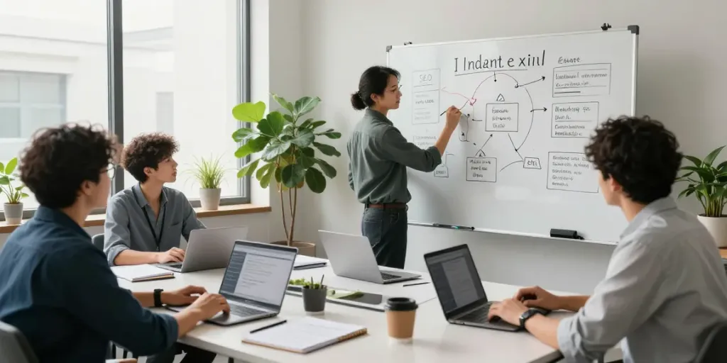 Team collaborating on instant indexing strategies in a modern office setting