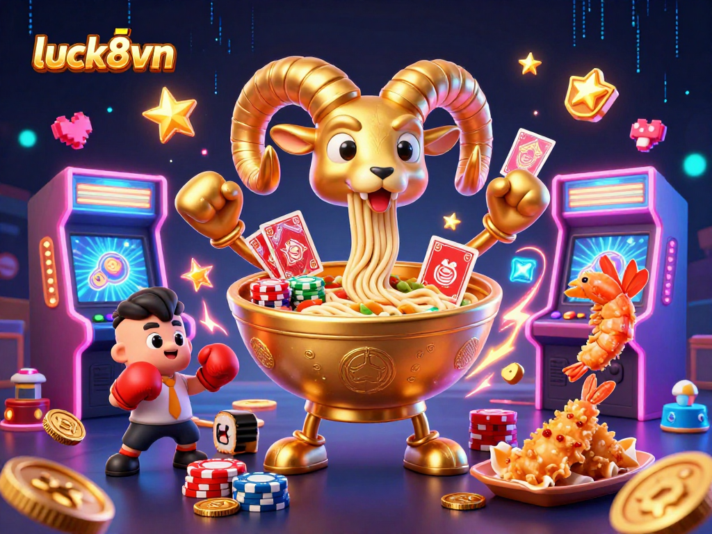 Experience thrilling gaming with luck8vn as giant ramen bowl characters deal cards and stack chips.