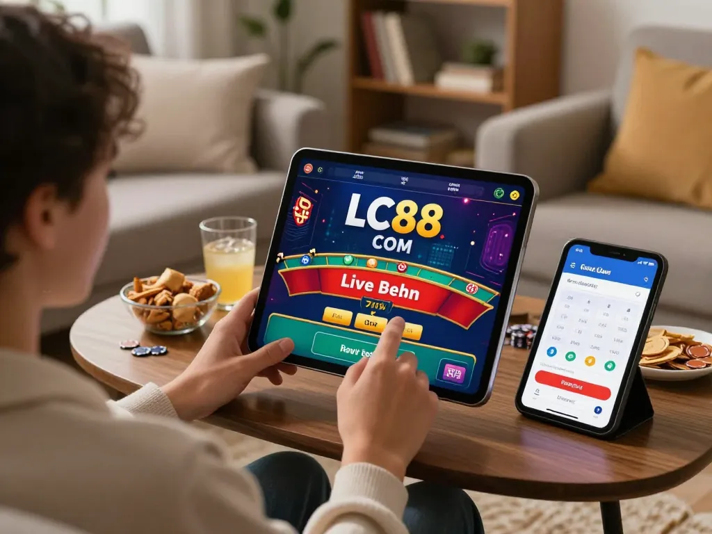 Engaging with LC88 COM mobile casino app while enjoying a cozy home atmosphere.