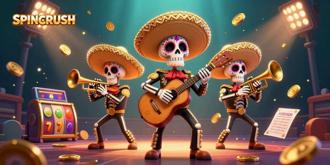 Engage in winning strategies with SPINCRUSH at vibrant slot gaming scene featuring mariachi band.