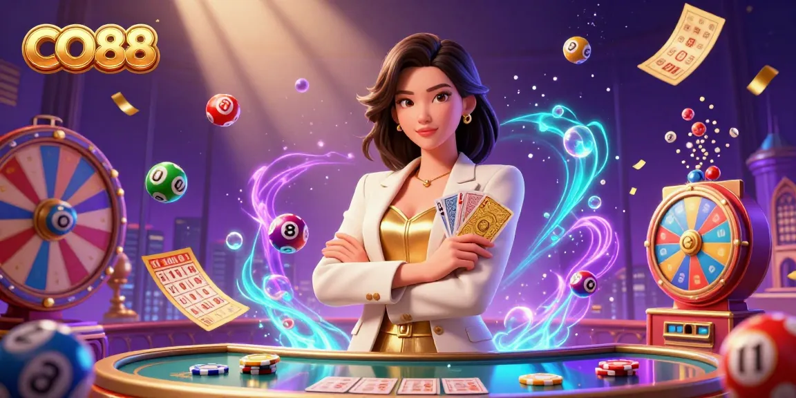 Experience the excitement of CO88 in a vibrant 3D casino illustration filled with dynamic game elements.
