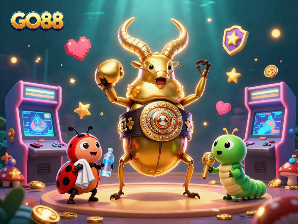 Engage with GO88 as a golden stag beetle faces off with vibrant arcade elements in a thrilling scene.
