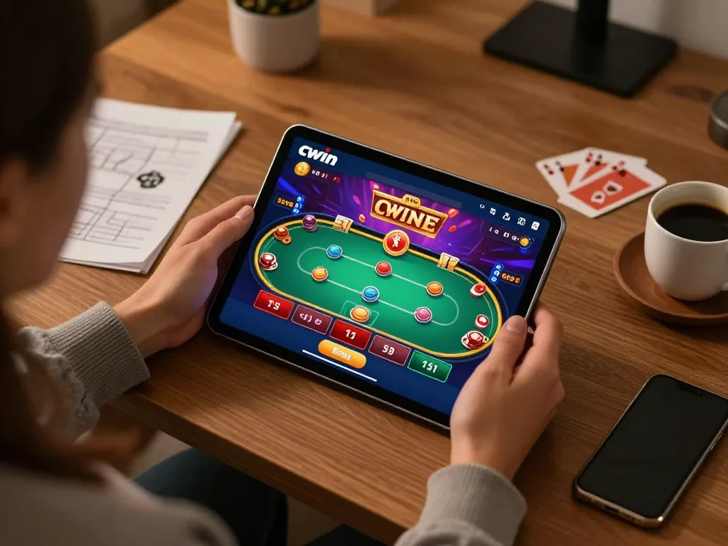 Cwin user engaged in online gaming session with tablet in cozy home office.