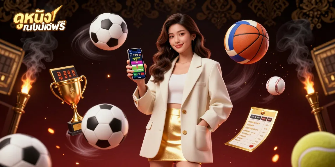 Engage with ดูหนังออนไลน์ฟรี in this vibrant illustration showcasing sports betting app excitement with dynamic elements.