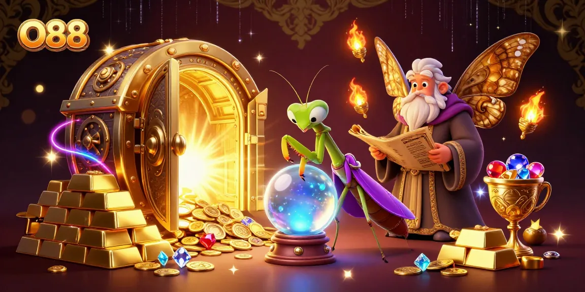 O88 casino magic as a fortune teller reveals winning strategies amidst treasures and jewels.