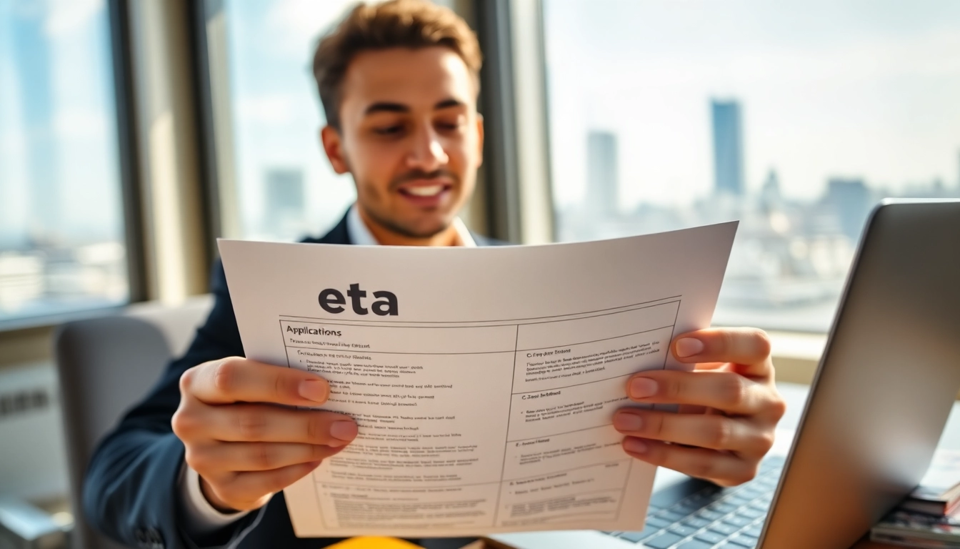 Filling out the eta UK application form with a focused determination in a modern office.